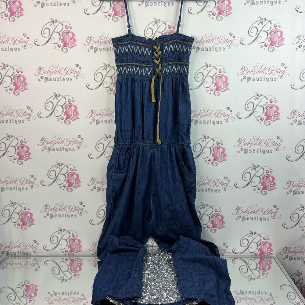 3R Streetwear jumpsuit pants flare corset tie up front Blue Denim Jumpsuit y2k